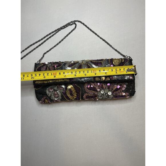 Jessica McClintock Vintage Sequin Clutch Black Satin Sequin Flowers Evening Bag - Picture 5 of 8